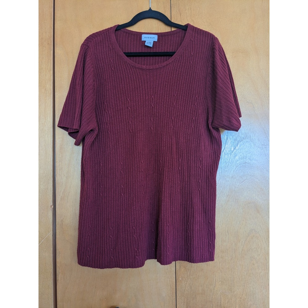 Avenue Womens Burgundy Ribbed Cable Knit Short Sleeve Sweater Top Plus 22/24